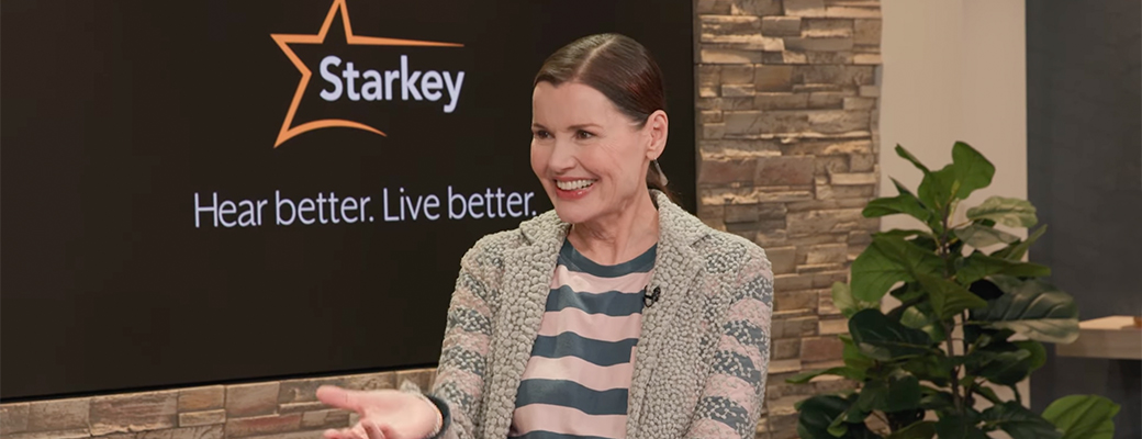 Image of Geena Davis talking about her hearing loss and experience with Starkey hearing aids